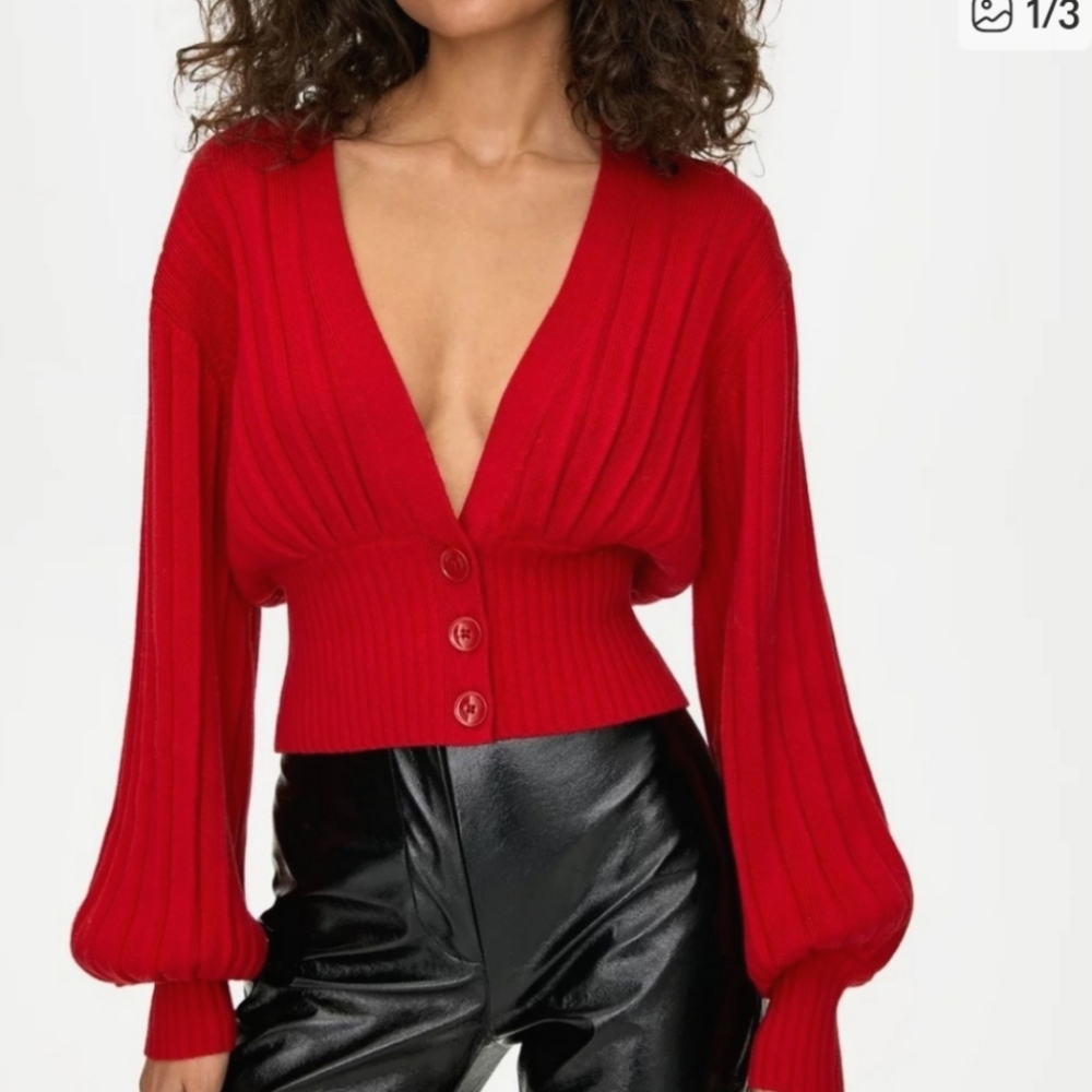 Wilfred Plung Front Knit Wool Cardigan Red Size Small